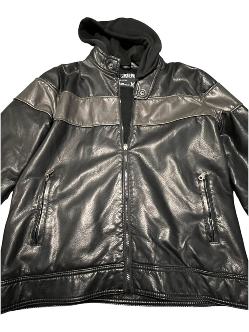Men's Black Leather Bomber Jacket with Hood